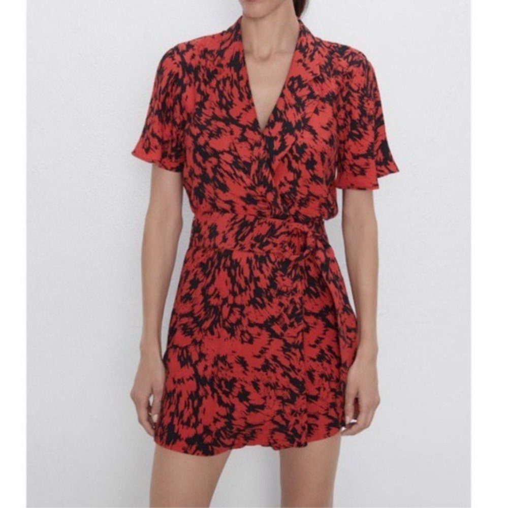 Zara Womens Red Black Romper Medium Short Sleeve Collar V-Neck Viscose L